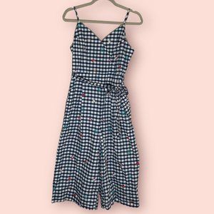 Yumi Womens Jumpsuit Blue Gingham Travel Themed Flare Crop Spaghetti Strap 8